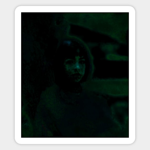 Portrait, digital collage and special processing. Lovely girl, sitting near tree. Night dreams. Night, green. Sticker by 234TeeUser234